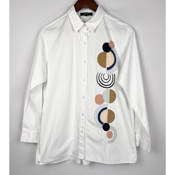 Lafayette 148 New York White S Cotton Poplin Shirt Geometric Button Down Top0 - Picture 2 of 8